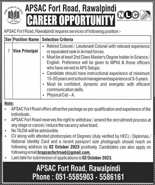 Army Public Schools and Colleges APSAC Rawalpindi Jobs  2023