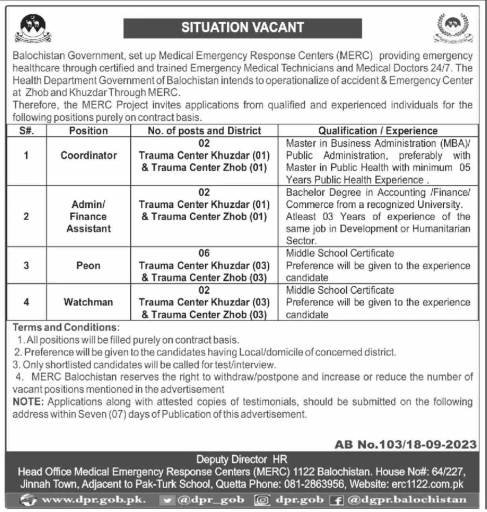 Medical Emergency Response Centers MERC Govt Jobs 2023 in Balochistan