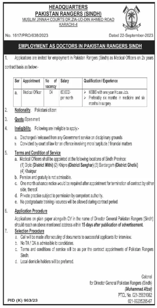 Pakistan Rangers Sindh Medical Officer Jobs 2023