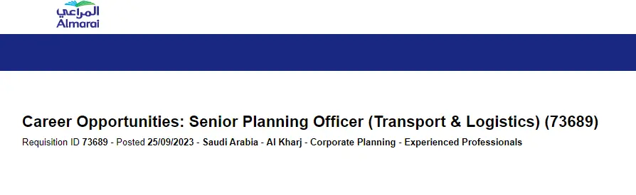 Almarai Saudi Arabia Jobs 2023 - Senior Planning Officer Transport and Logistics