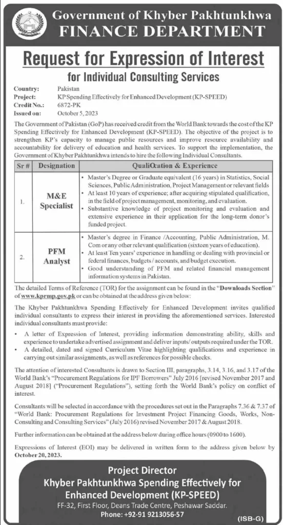 Finance Department Govt of Khyber Pakhtunkhwa KPK Jobs 2023