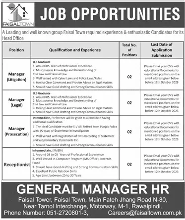 Manager and Receptionist Jobs 2023 in Faisal Town Rawalpindi