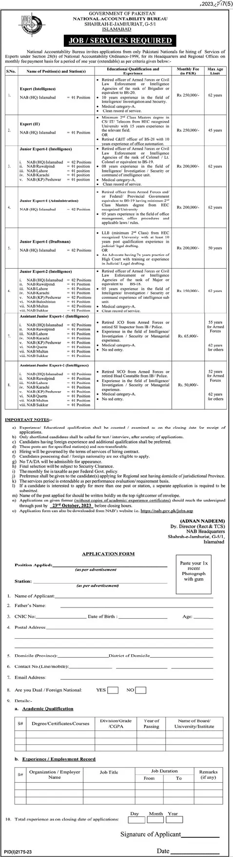 NAB Govt of Pakistan Jobs 2023 Download Application Form