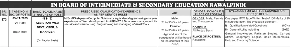 Latest PPSC BISE Rawalpindi Jobs 2023 Apply 