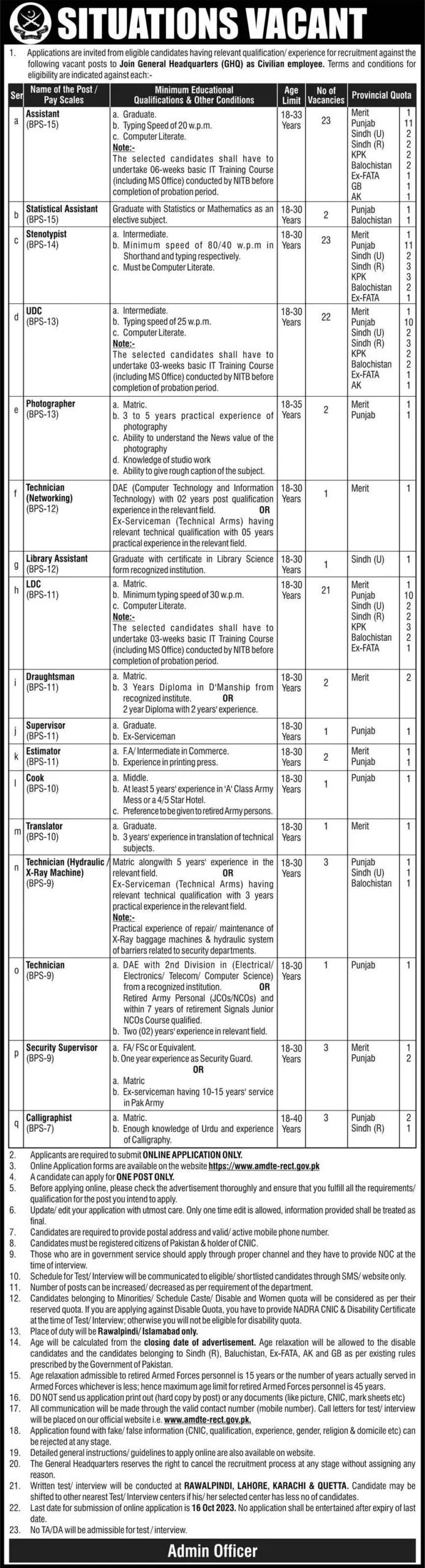 Pak Army GHQ Civilian Jobs 2023 Apply Online